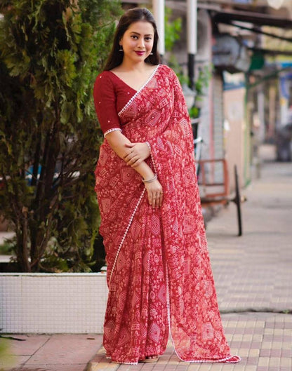 Red Printed Georgette Saree