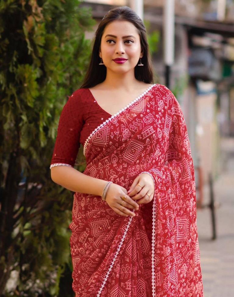 Red Printed Georgette Saree