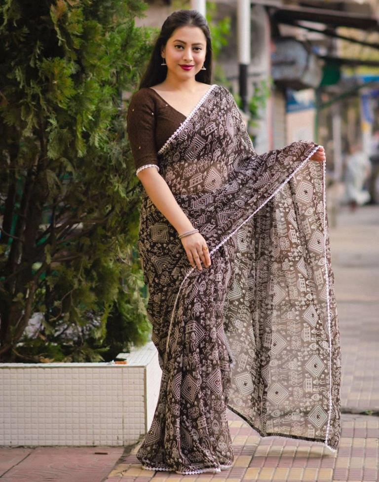 Brown Georgette Printed Saree