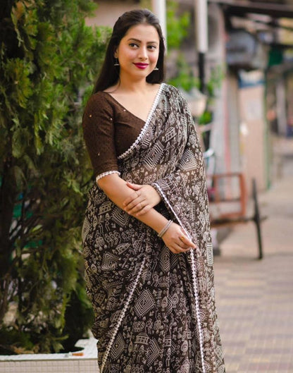 Brown Georgette Printed Saree