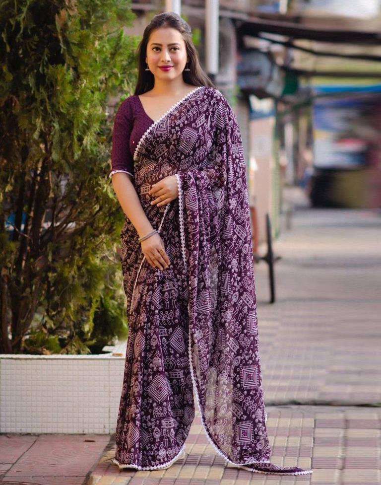 Wine Georgette Printed Saree