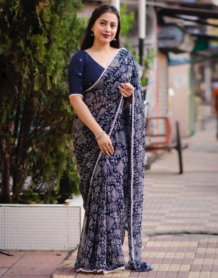 Navy Blue Georgette Printed Saree