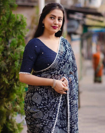 Navy Blue Georgette Printed Saree