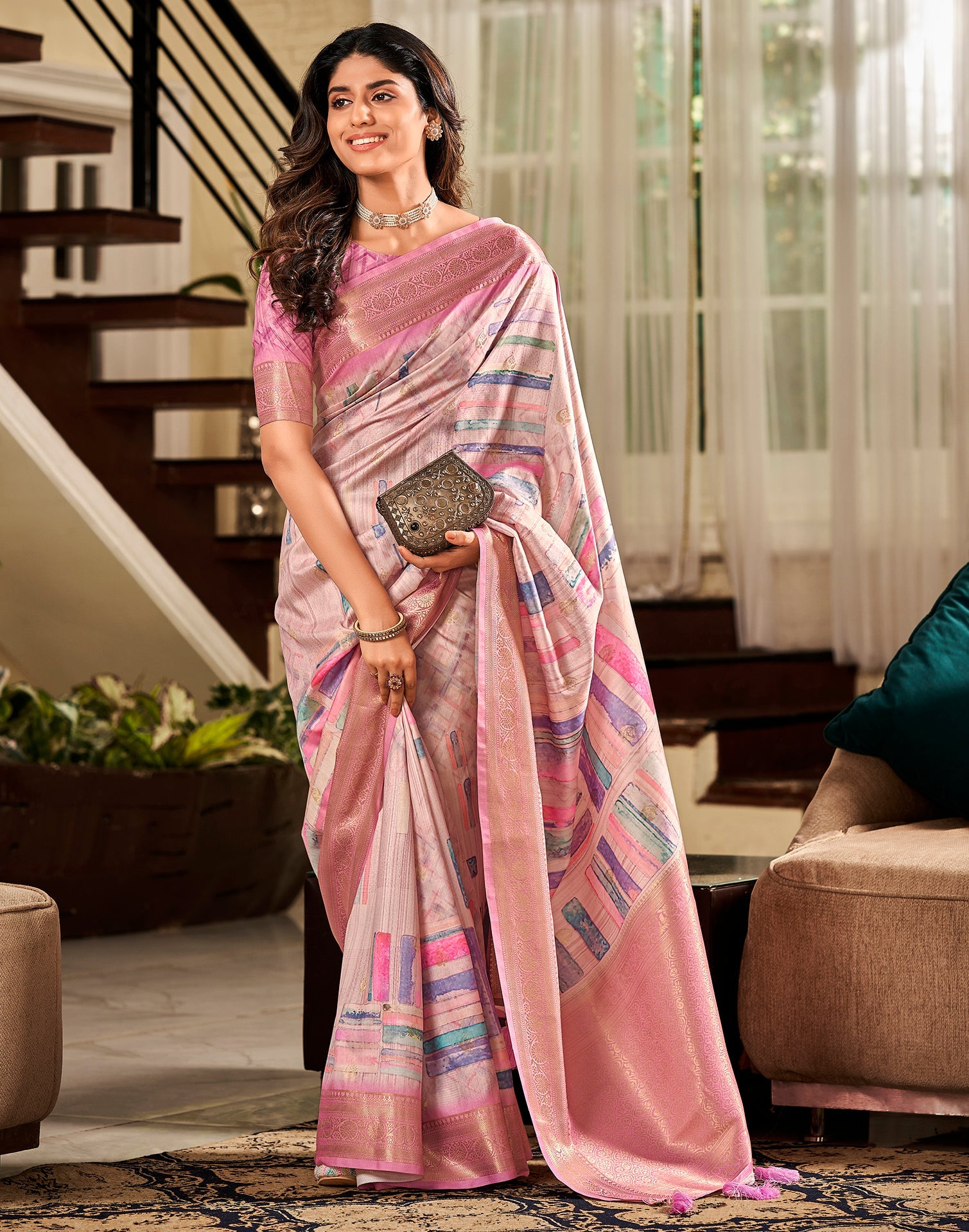 Light Pink Weaving Silk Printed Saree