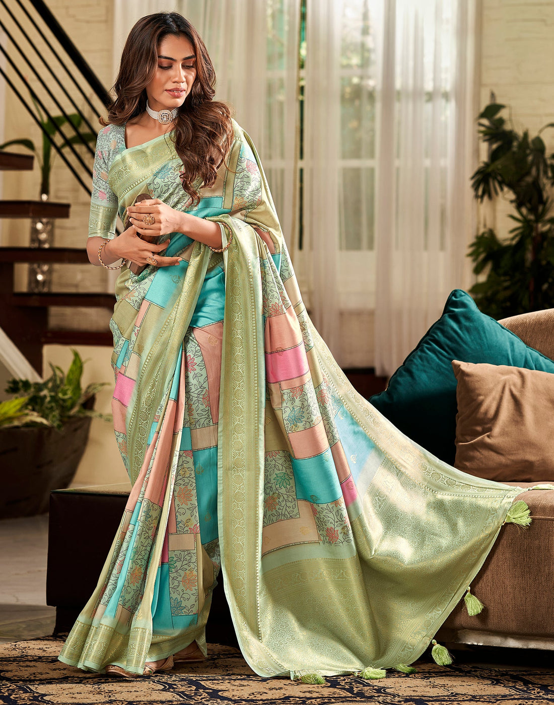 Mint Green Weaving Silk Printed Saree