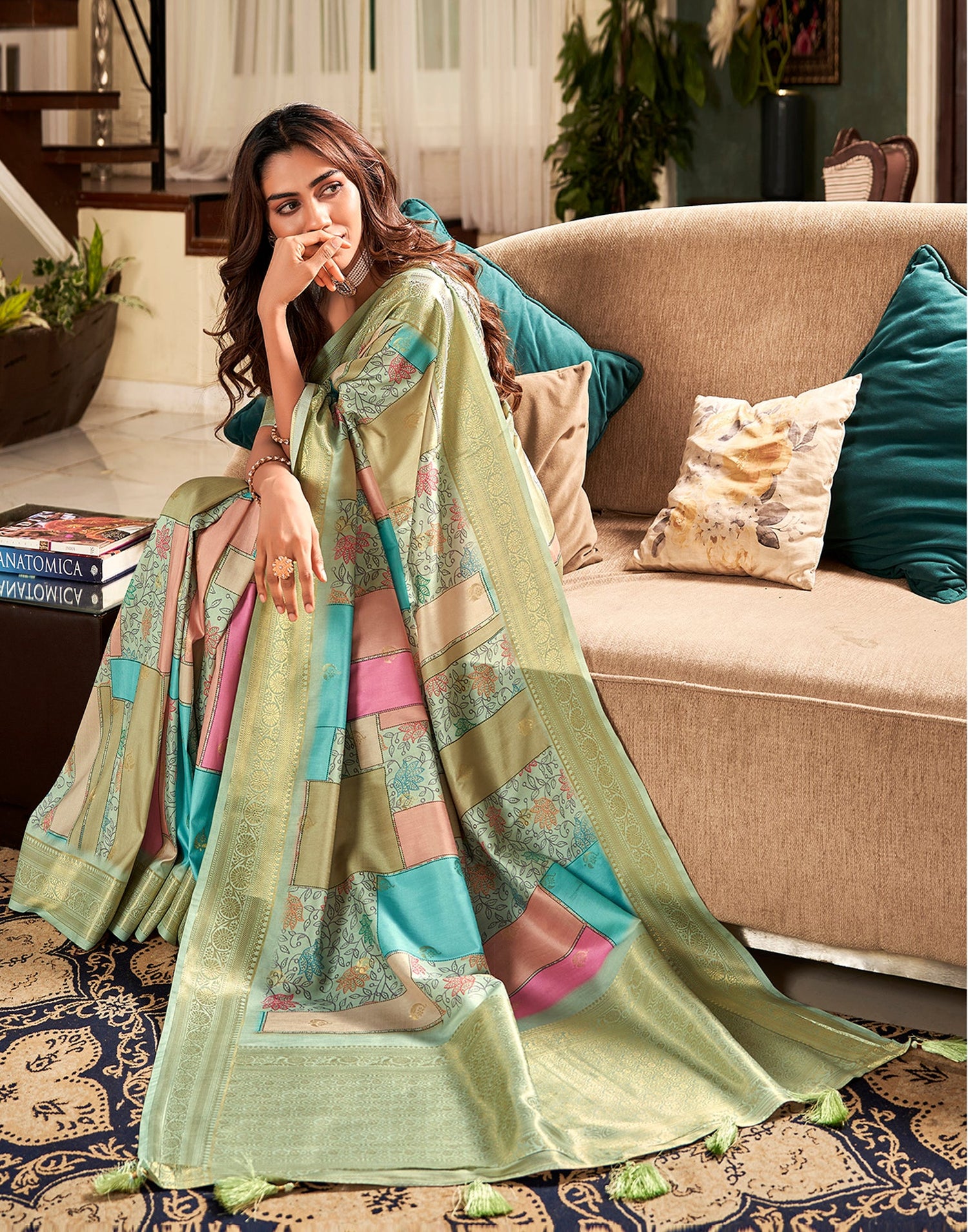 Mint Green Weaving Silk Printed Saree