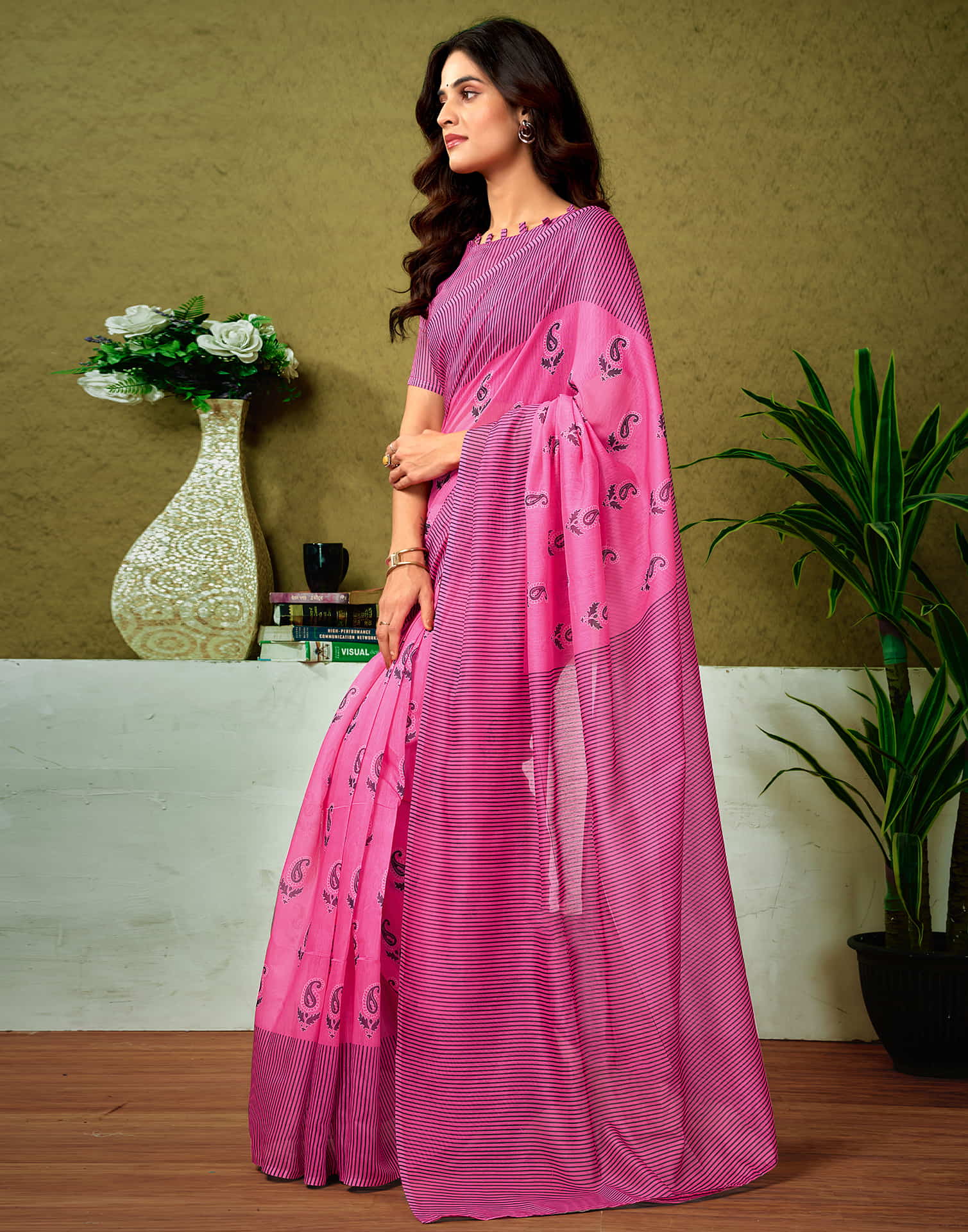 Ready To Wear Pink Cotton Printed Saree