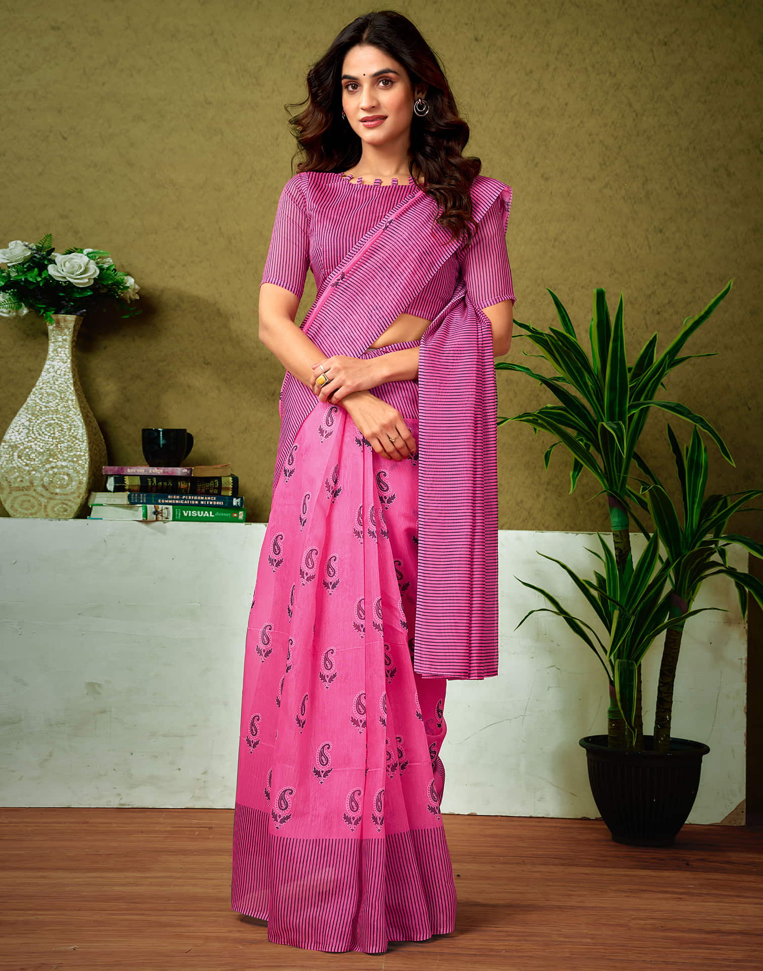 Ready To Wear Pink Cotton Printed Saree