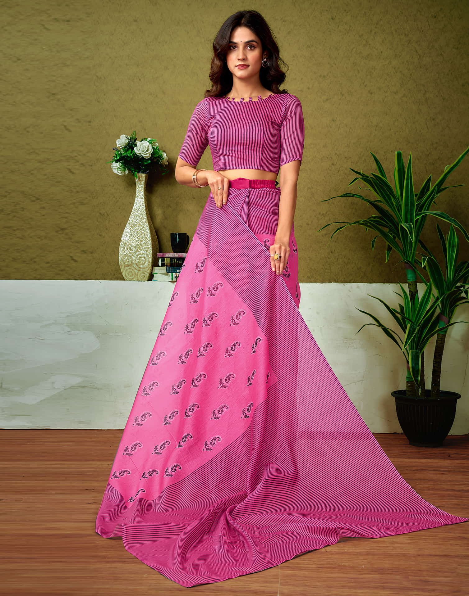 Ready To Wear Pink Cotton Printed Saree