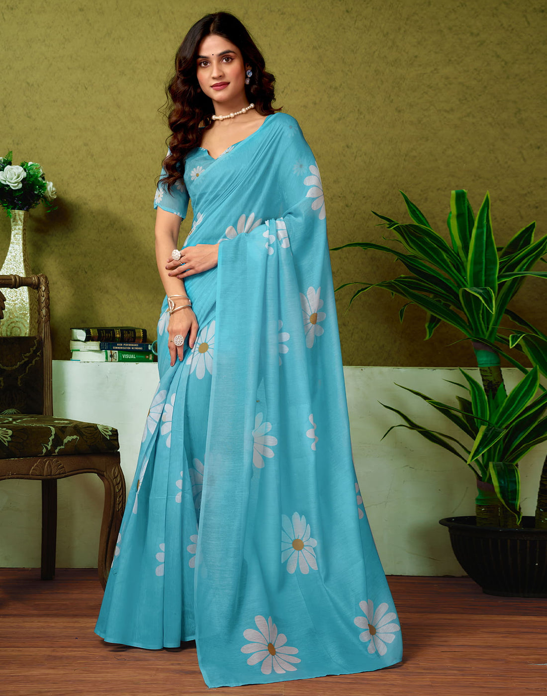 Ready To Wear Sky Blue Cotton Printed Saree