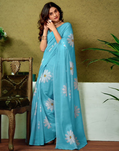 Ready To Wear Sky Blue Cotton Printed Saree