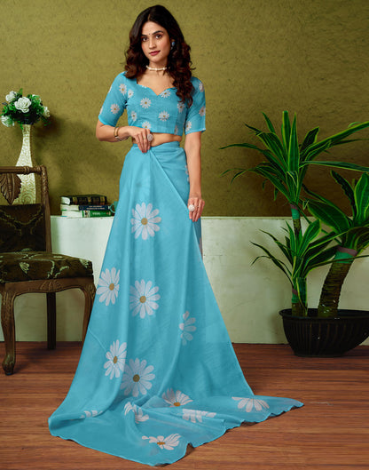 Ready To Wear Sky Blue Cotton Printed Saree