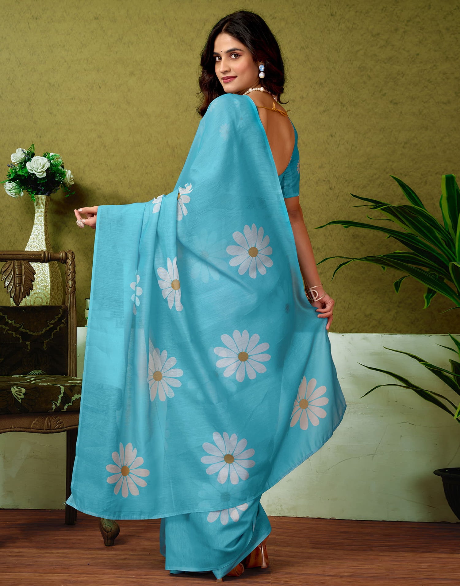 Ready To Wear Sky Blue Cotton Printed Saree