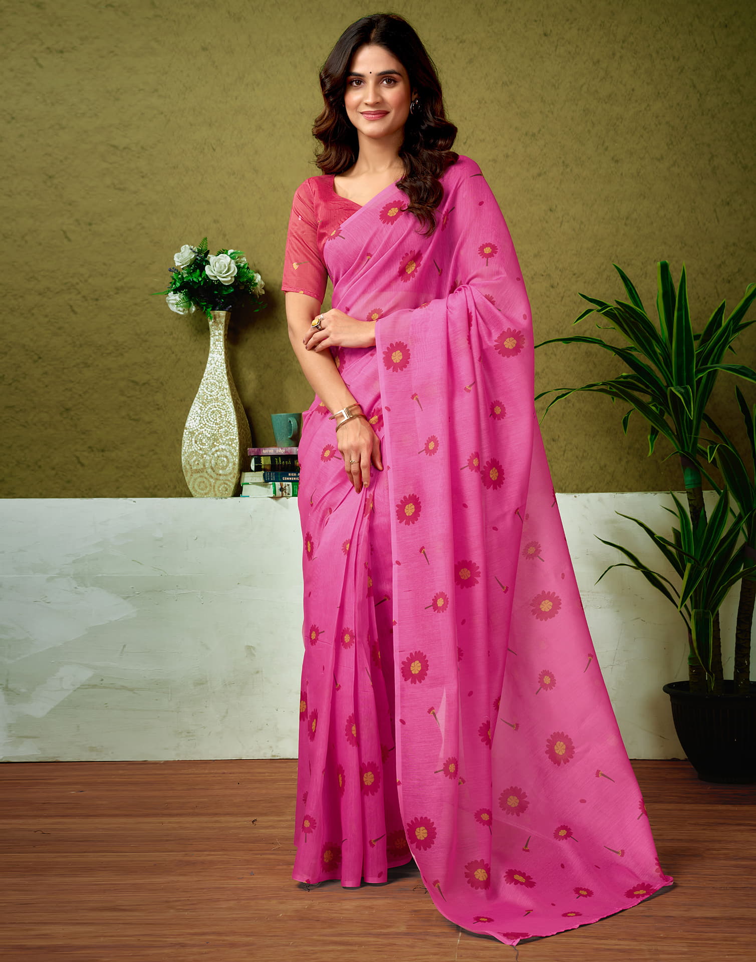 Ready To Wear Pink Cotton Printed Saree