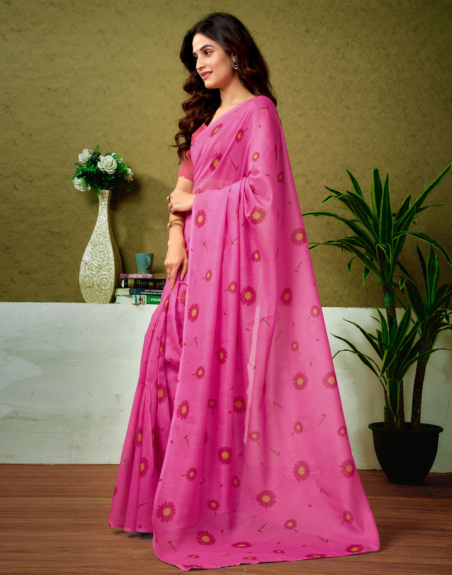 Ready To Wear Pink Cotton Printed Saree