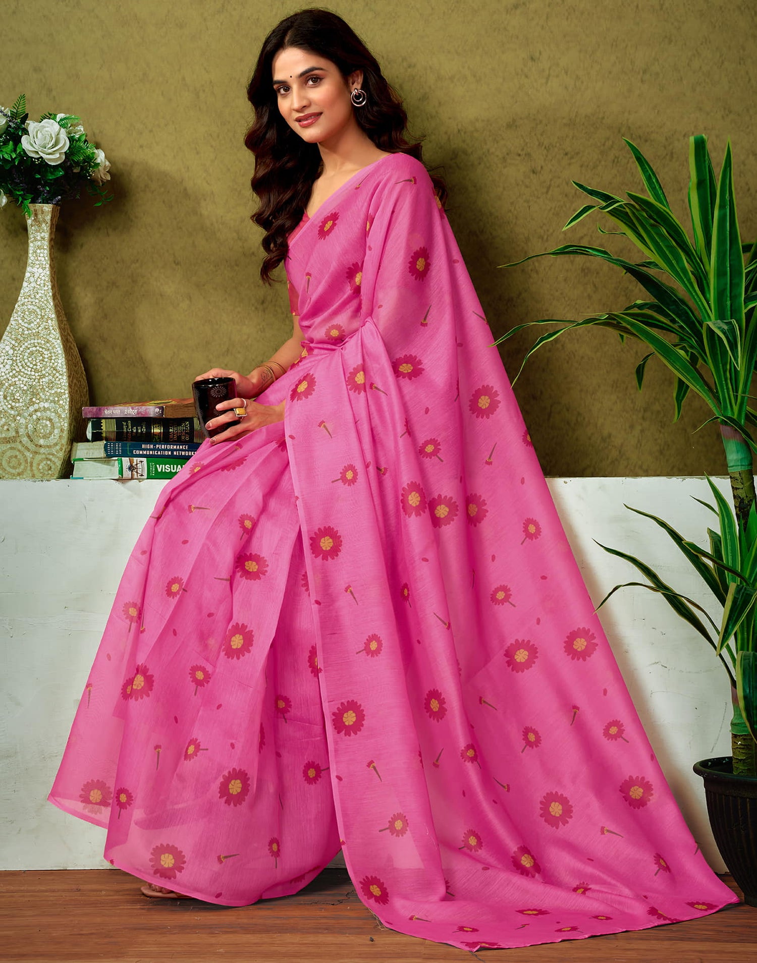 Ready To Wear Pink Cotton Printed Saree