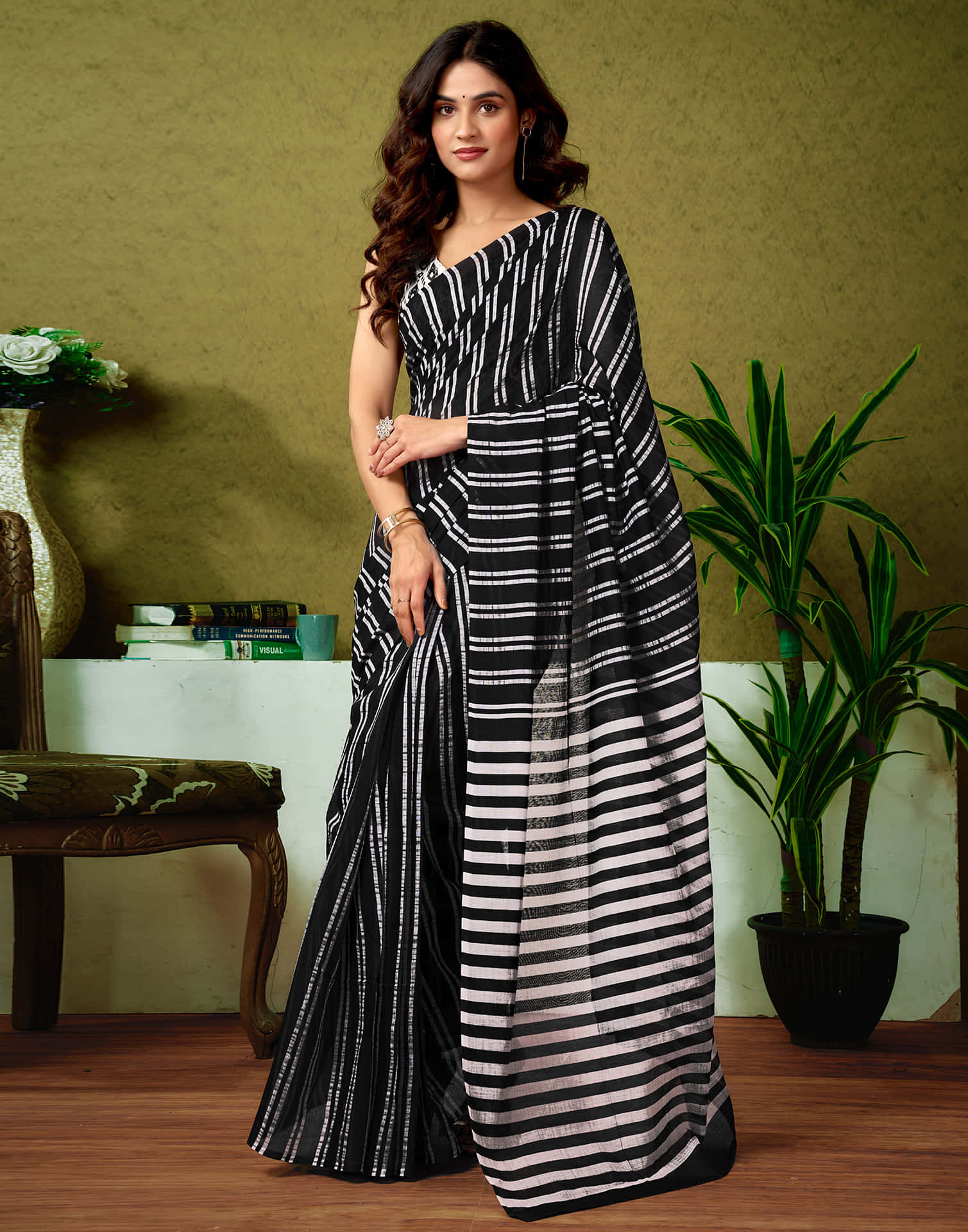 Ready To Wear Black Cotton Printed Saree