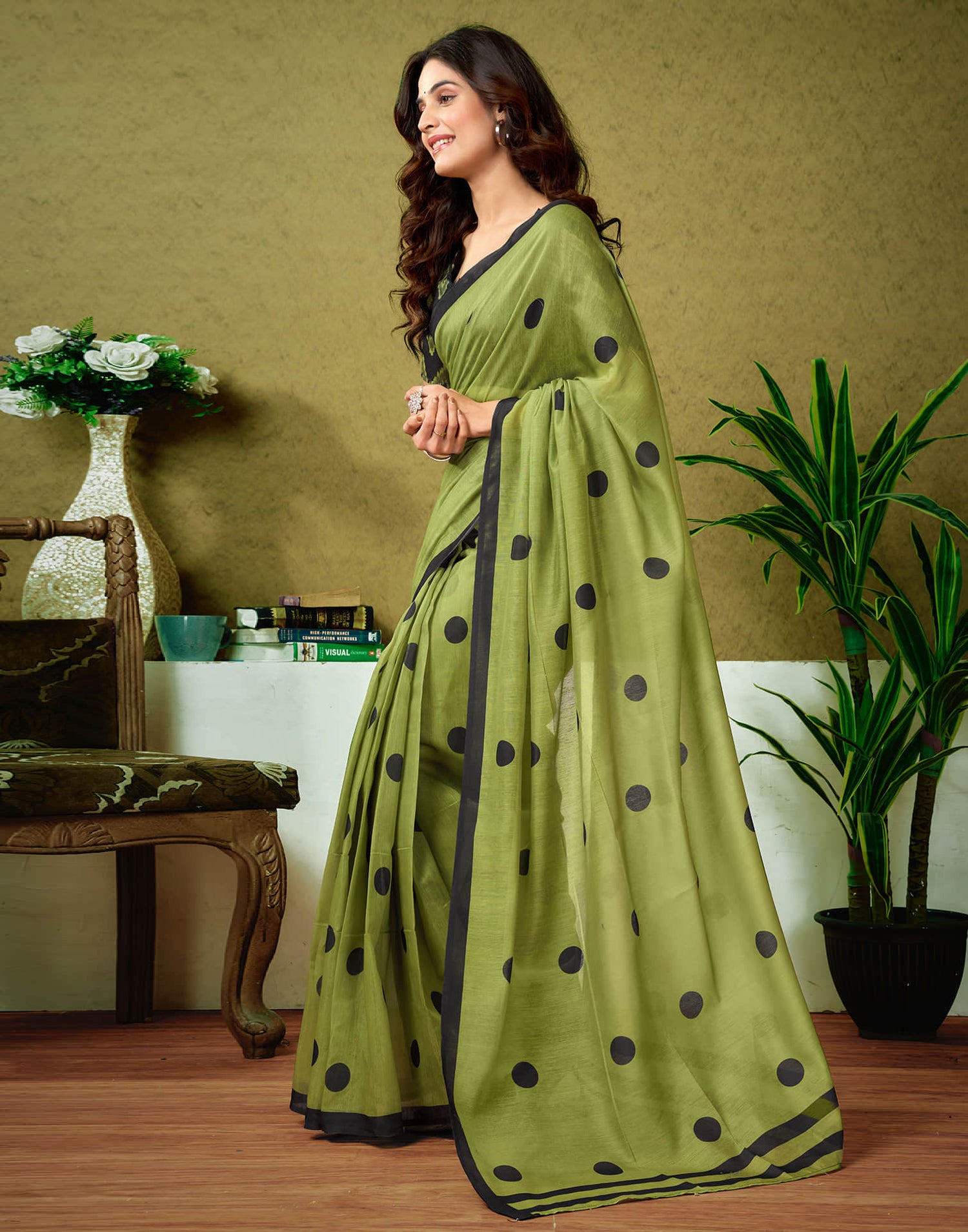 Ready To Wear Green Cotton Printed Saree