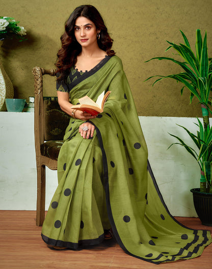 Ready To Wear Green Cotton Printed Saree