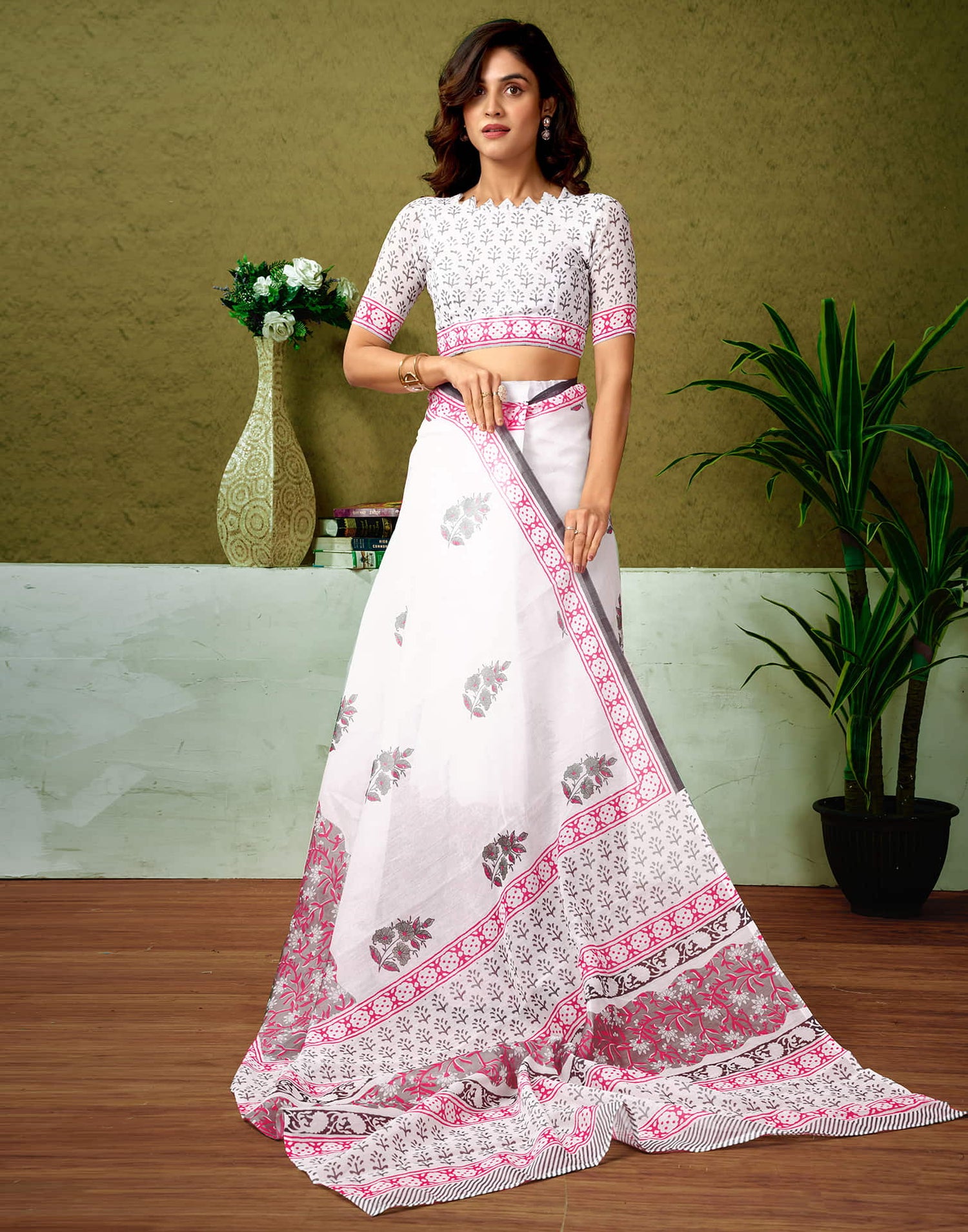 Ready To Wear White Cotton Printed Saree