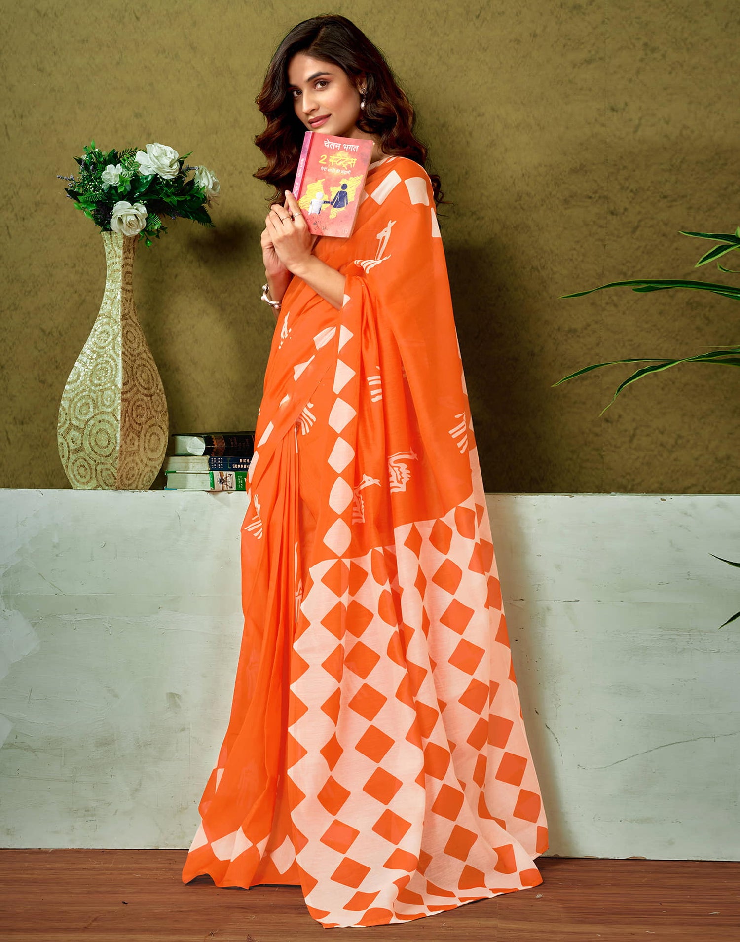 Ready To Wear Orange Cotton Printed Saree