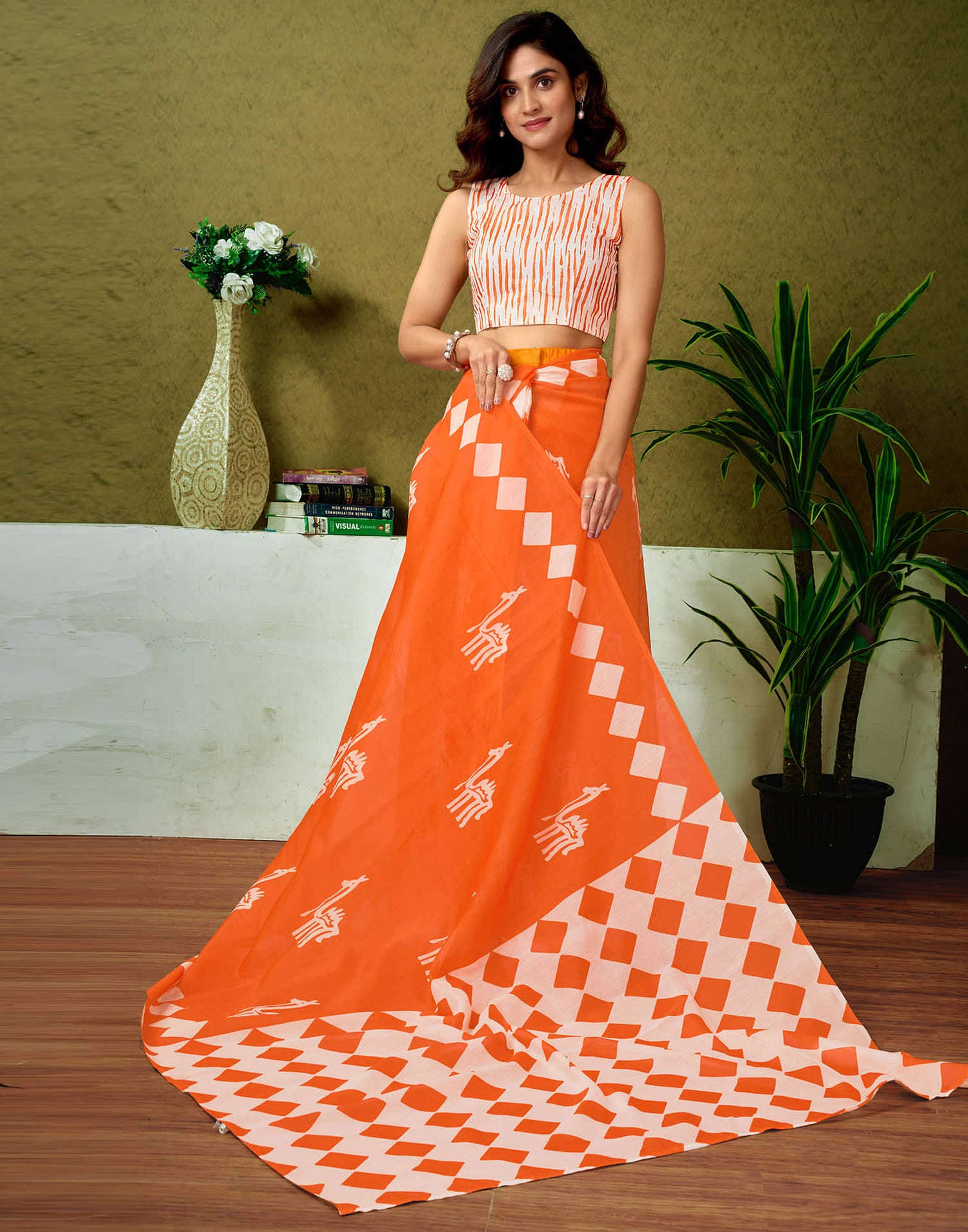 Ready To Wear Orange Cotton Printed Saree