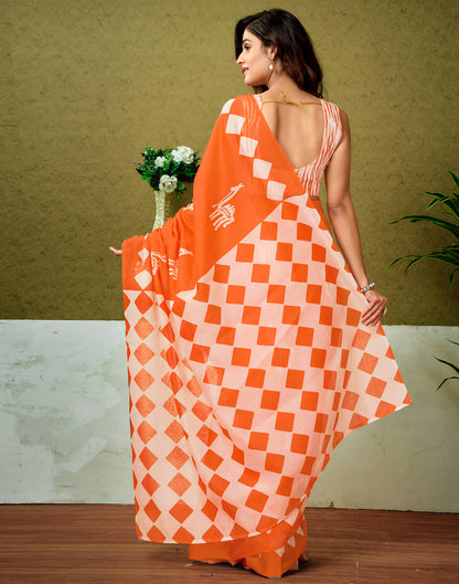 Ready To Wear Orange Cotton Printed Saree