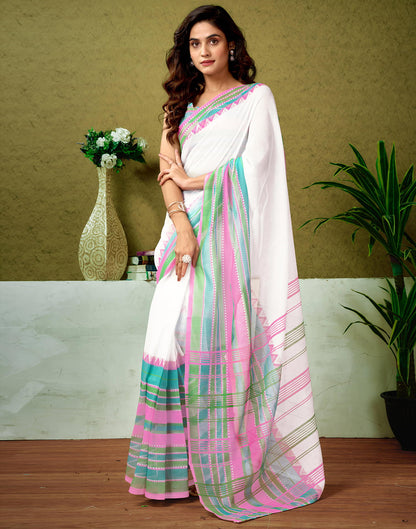 Ready To Wear White Cotton Printed Saree