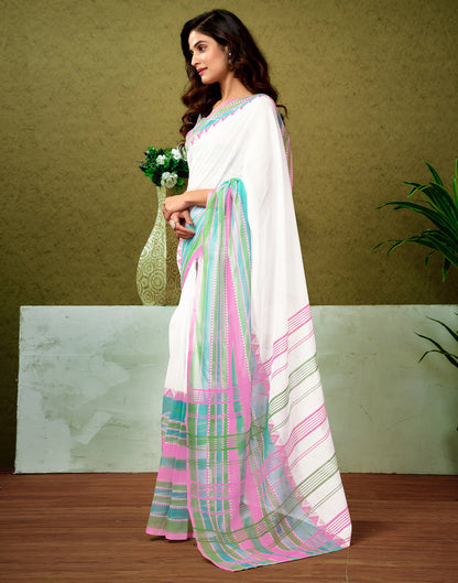 Ready To Wear White Cotton Printed Saree