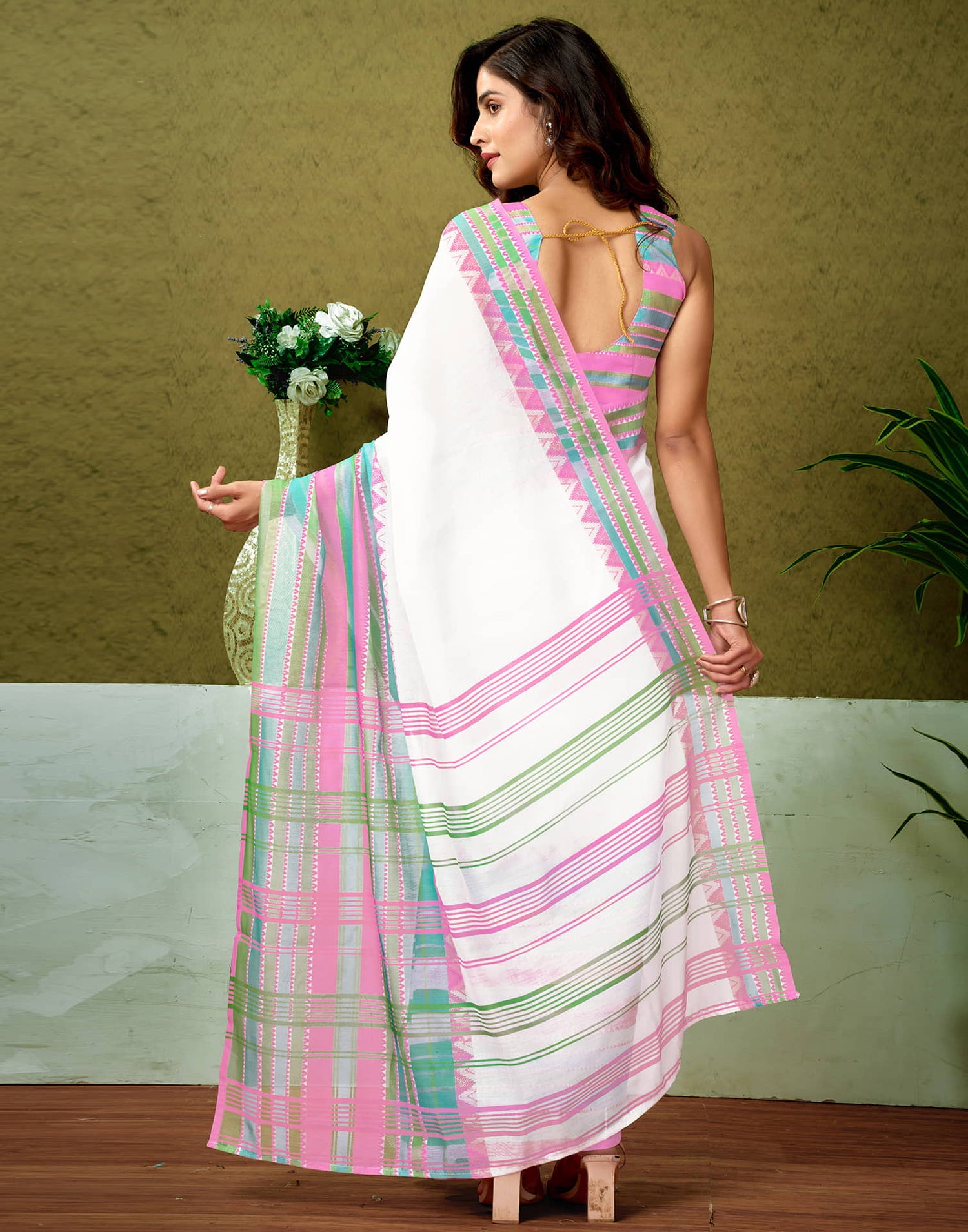 Ready To Wear White Cotton Printed Saree