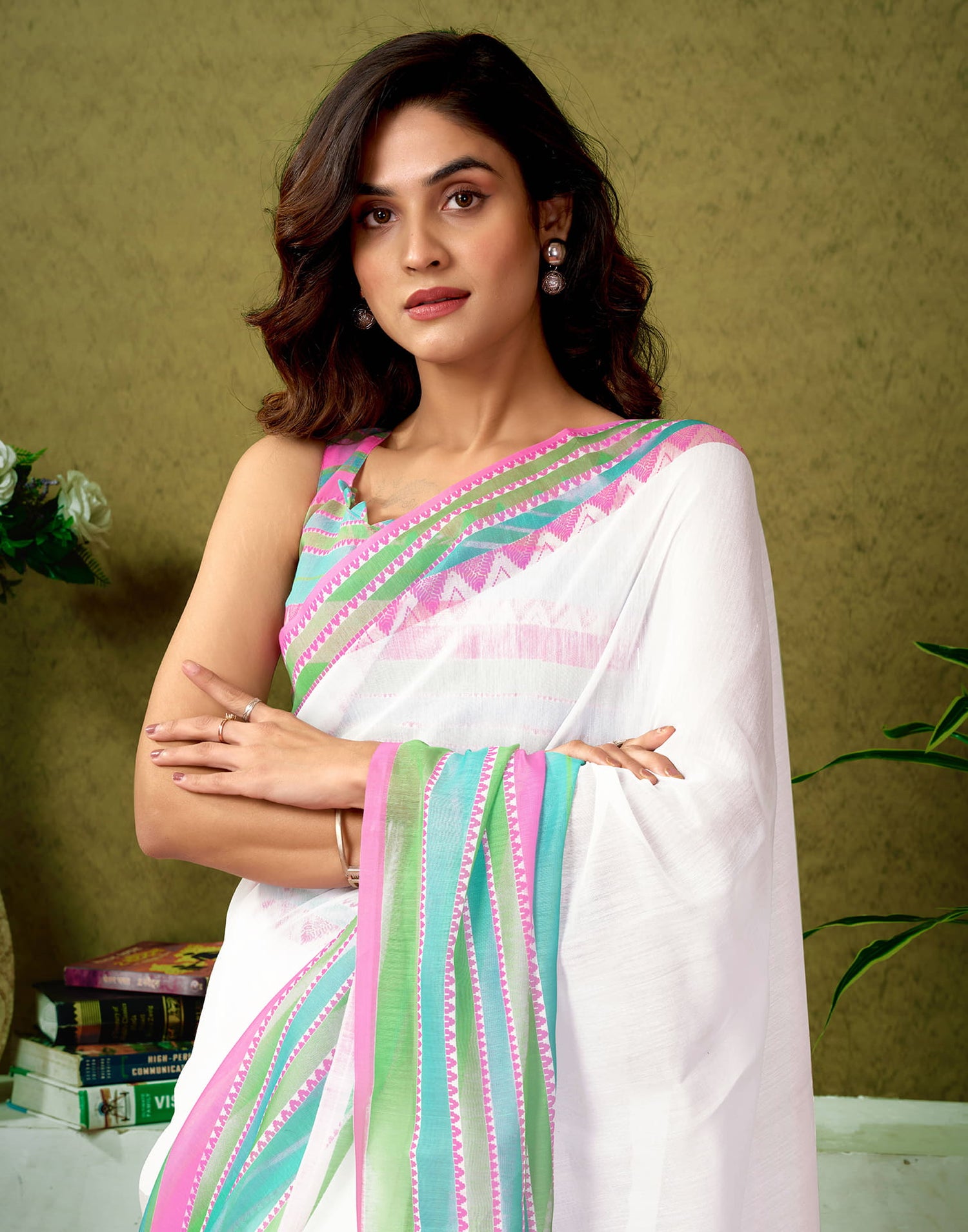 Ready To Wear White Cotton Printed Saree