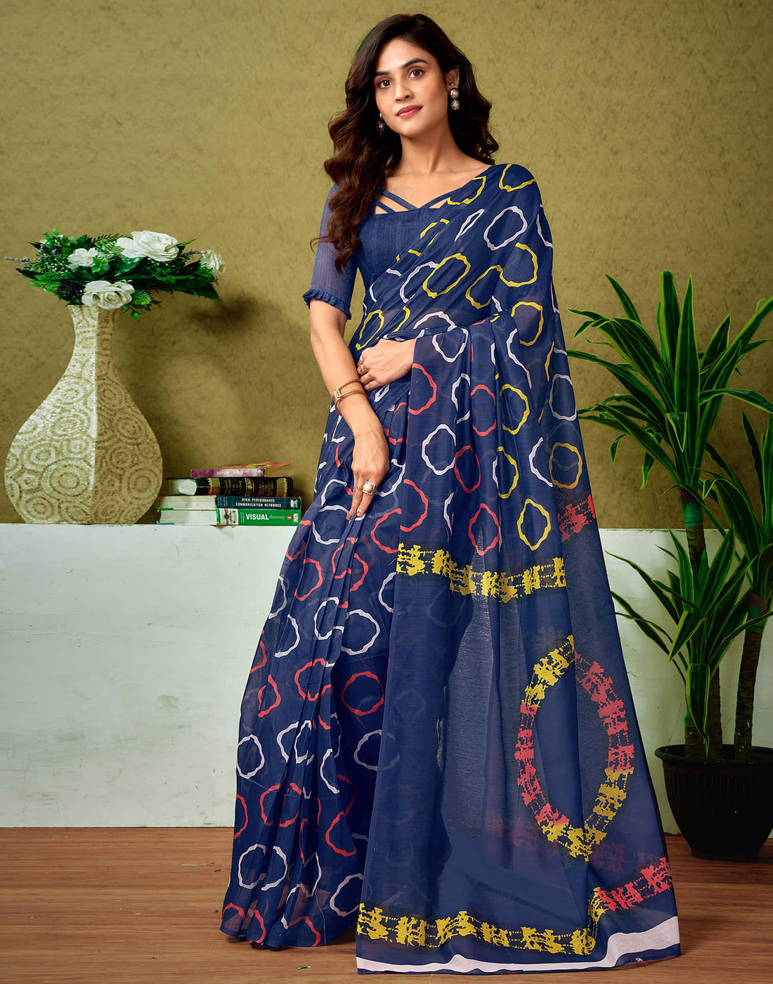 Ready To Wear Navy Blue Cotton Printed Saree