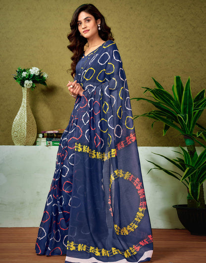 Ready To Wear Navy Blue Cotton Printed Saree