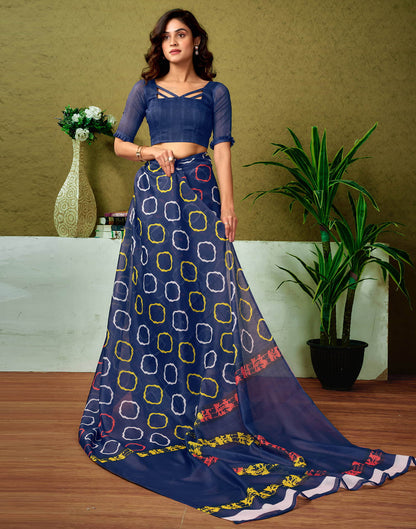 Ready To Wear Navy Blue Cotton Printed Saree