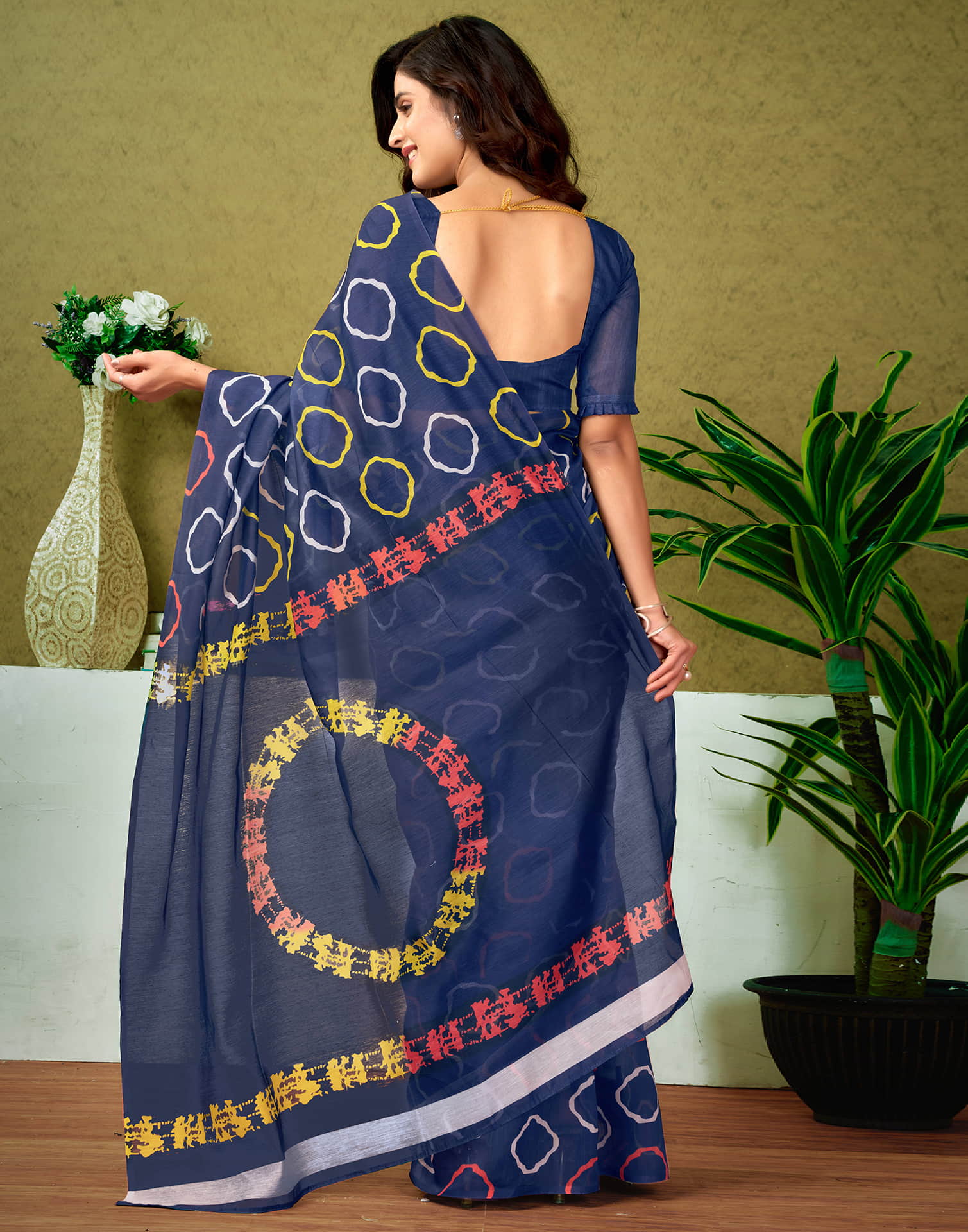 Ready To Wear Navy Blue Cotton Printed Saree