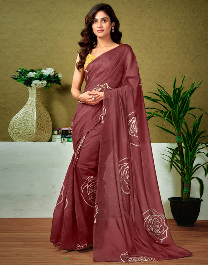 Ready To Wear Brown Cotton Printed Saree