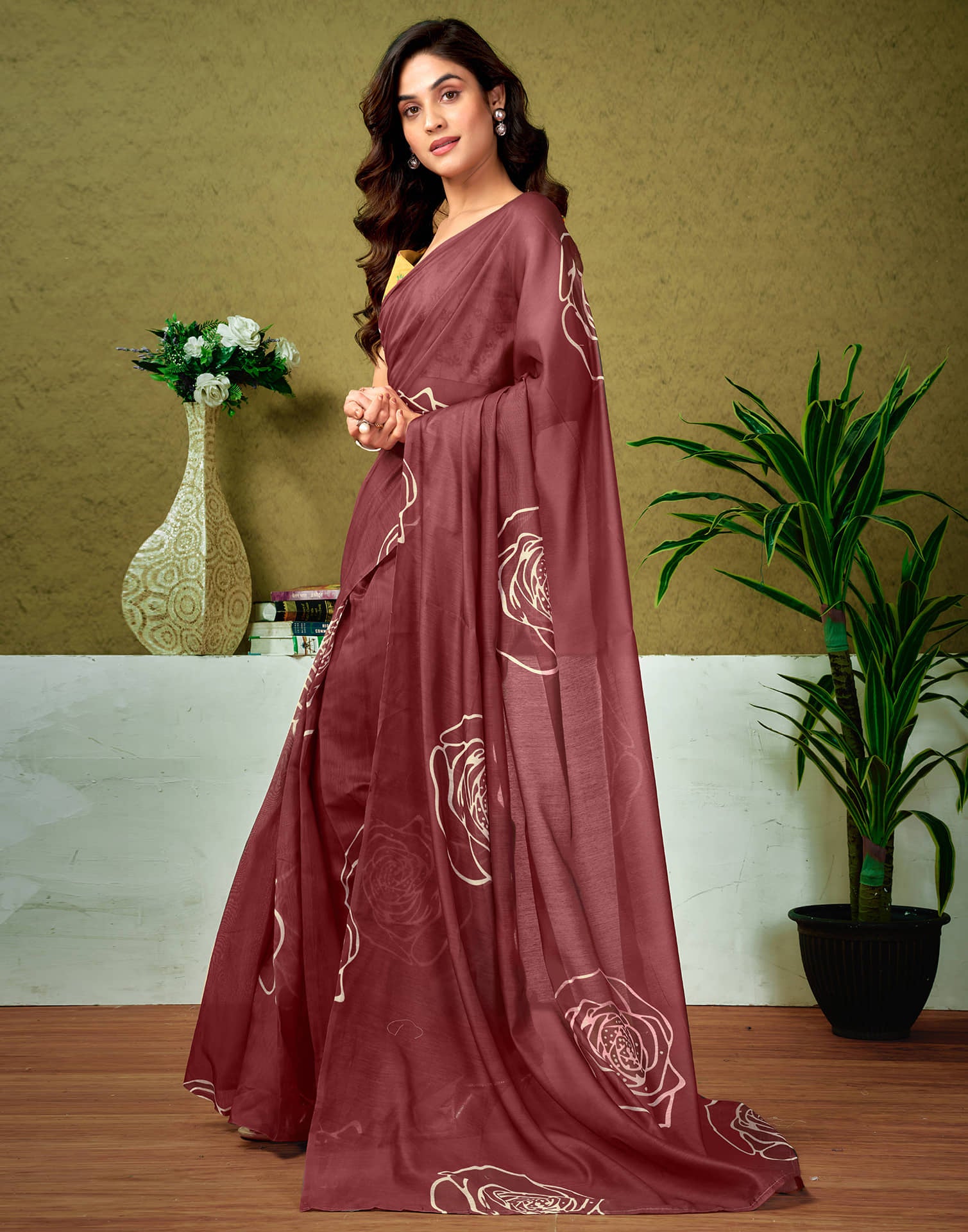 Ready To Wear Brown Cotton Printed Saree