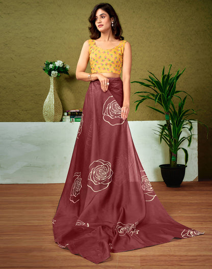 Ready To Wear Brown Cotton Printed Saree