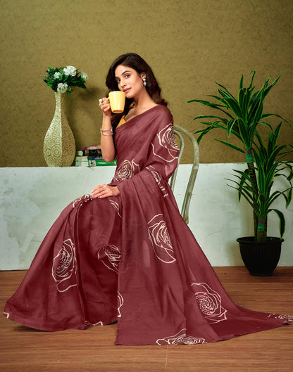 Ready To Wear Brown Cotton Printed Saree