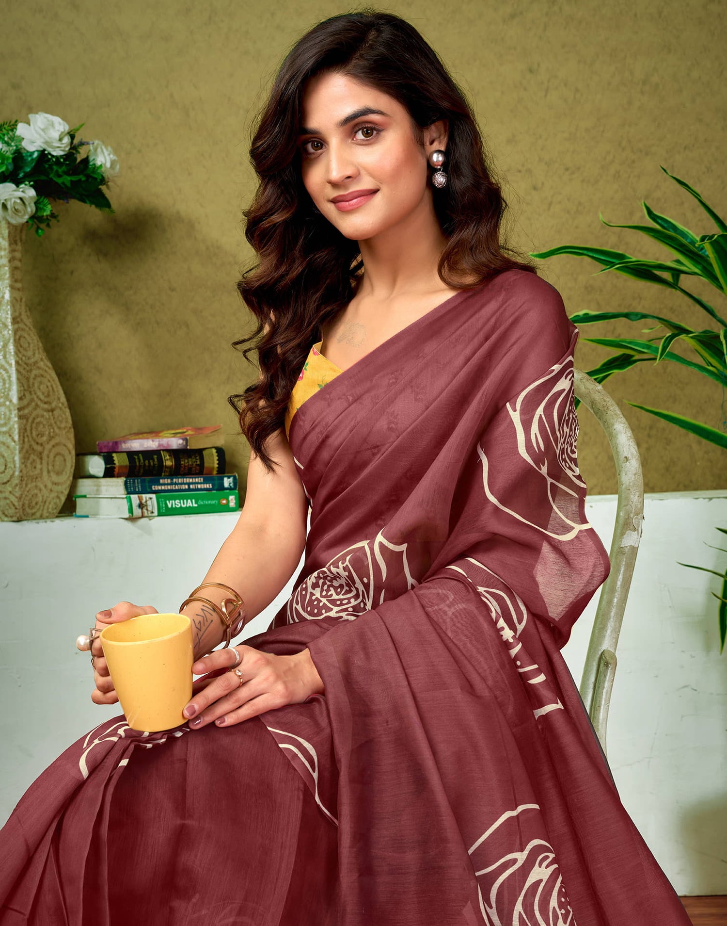 Ready To Wear Brown Cotton Printed Saree