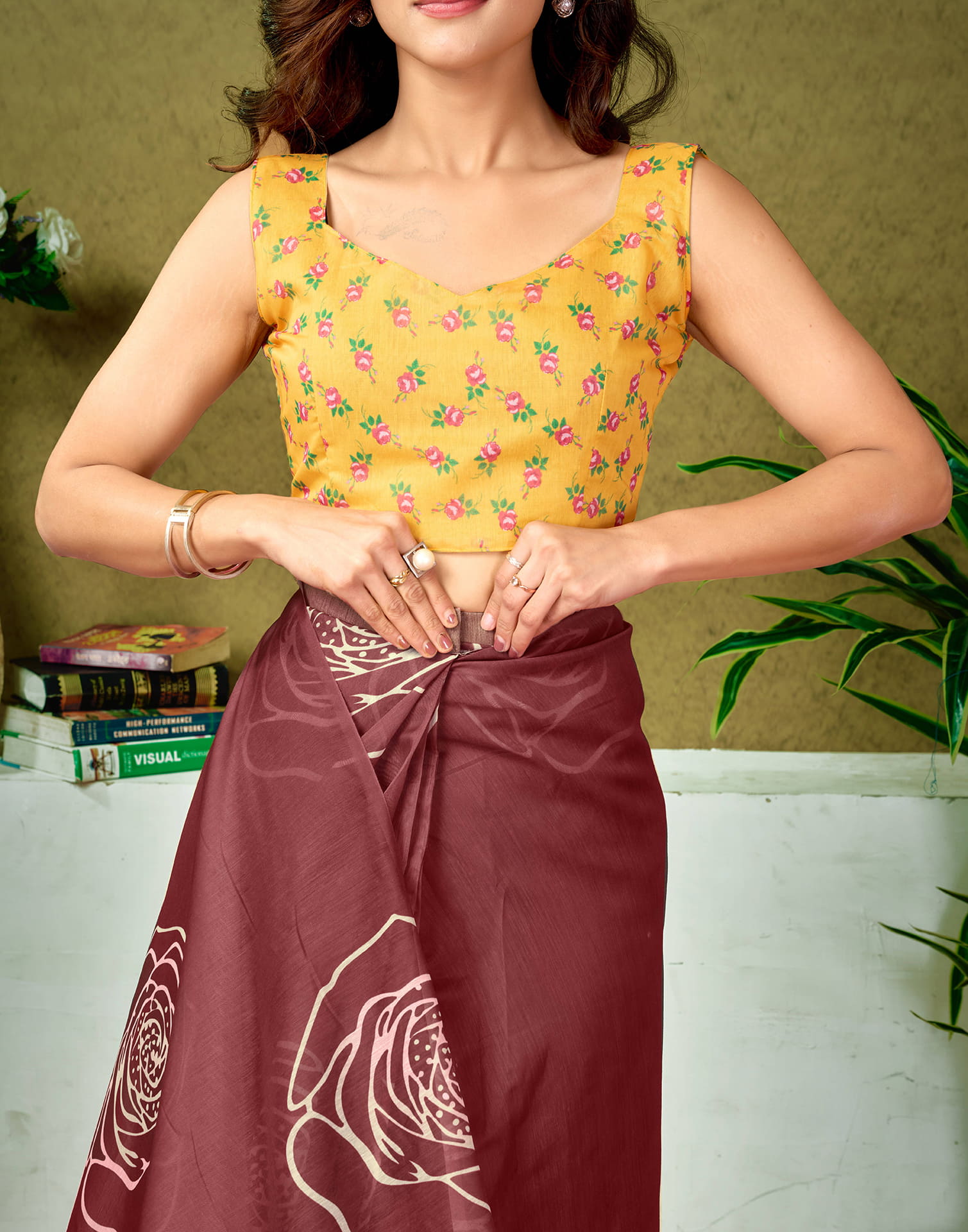 Ready To Wear Brown Cotton Printed Saree