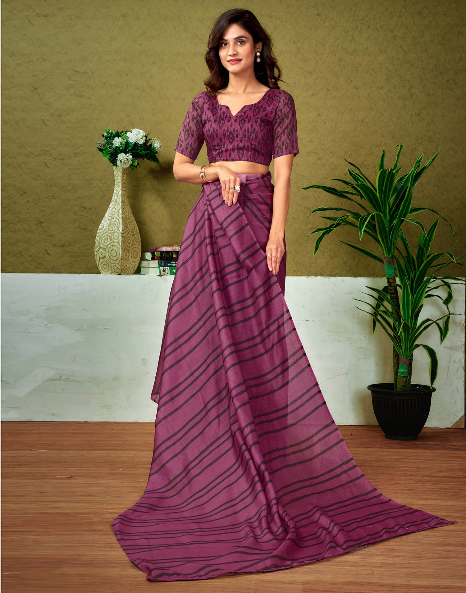 Ready To Wear Dusty Wine Cotton Printed Saree