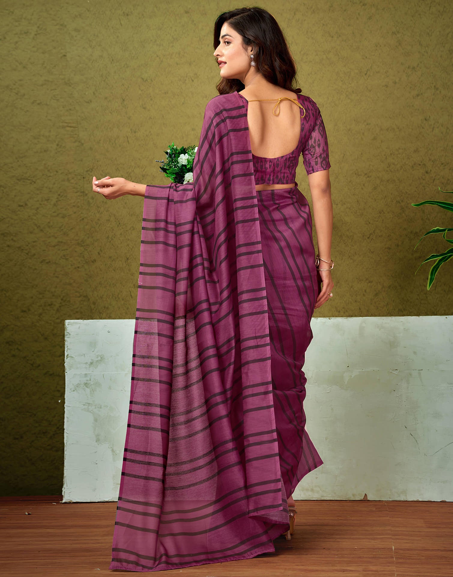 Ready To Wear Dusty Wine Cotton Printed Saree