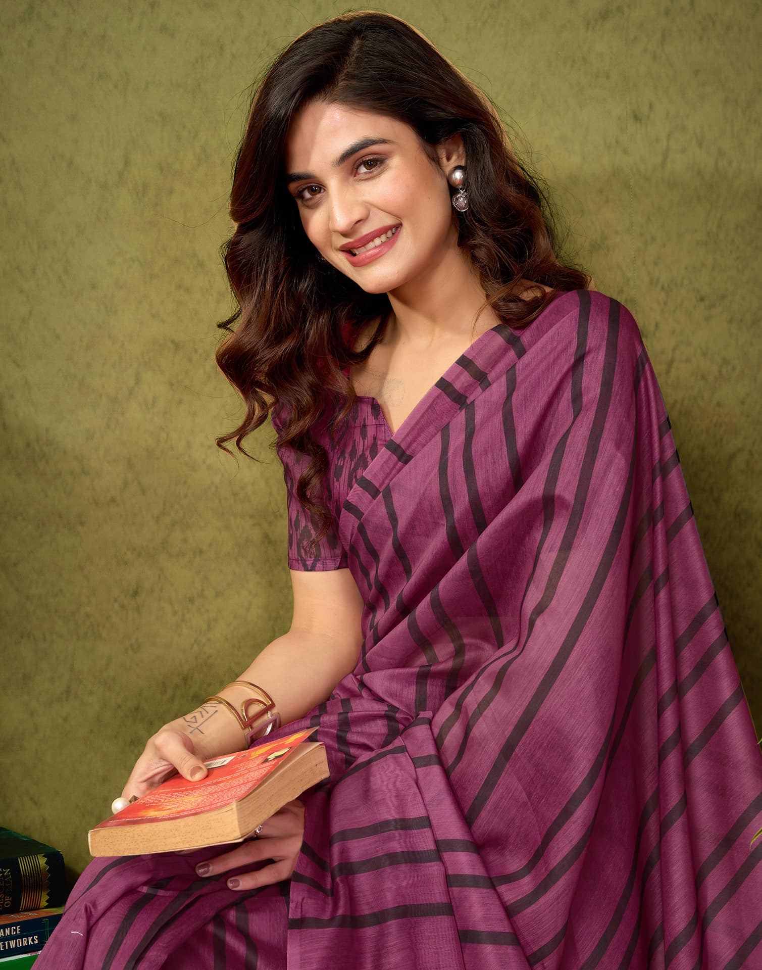 Ready To Wear Dusty Wine Cotton Printed Saree