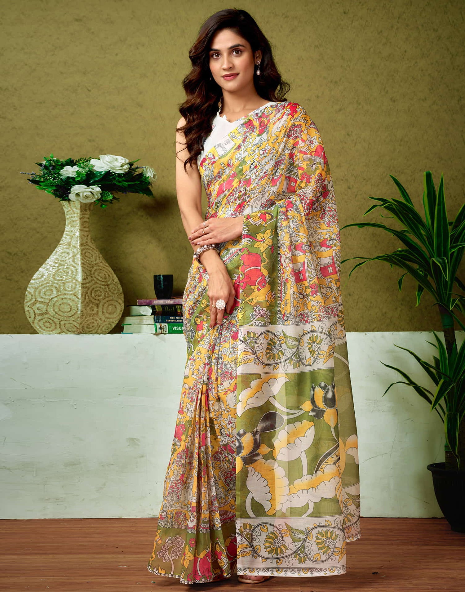 Ready To Wear Yellow Cotton Printed Saree