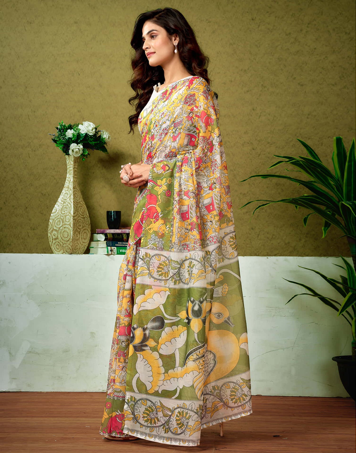 Ready To Wear Yellow Cotton Printed Saree