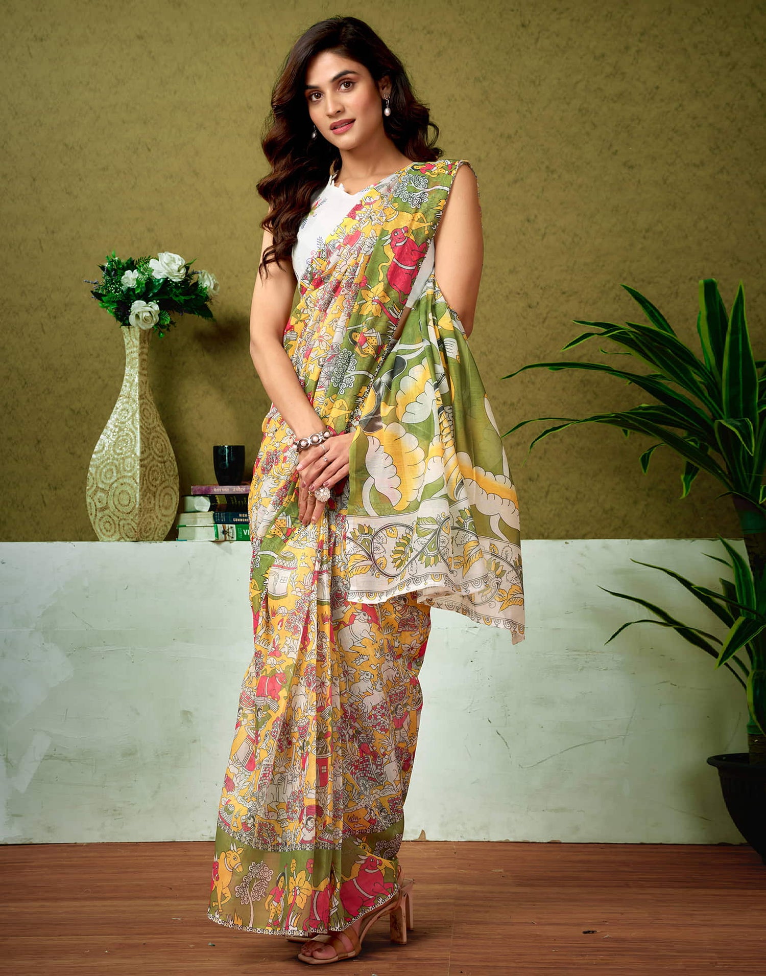 Ready To Wear Yellow Cotton Printed Saree