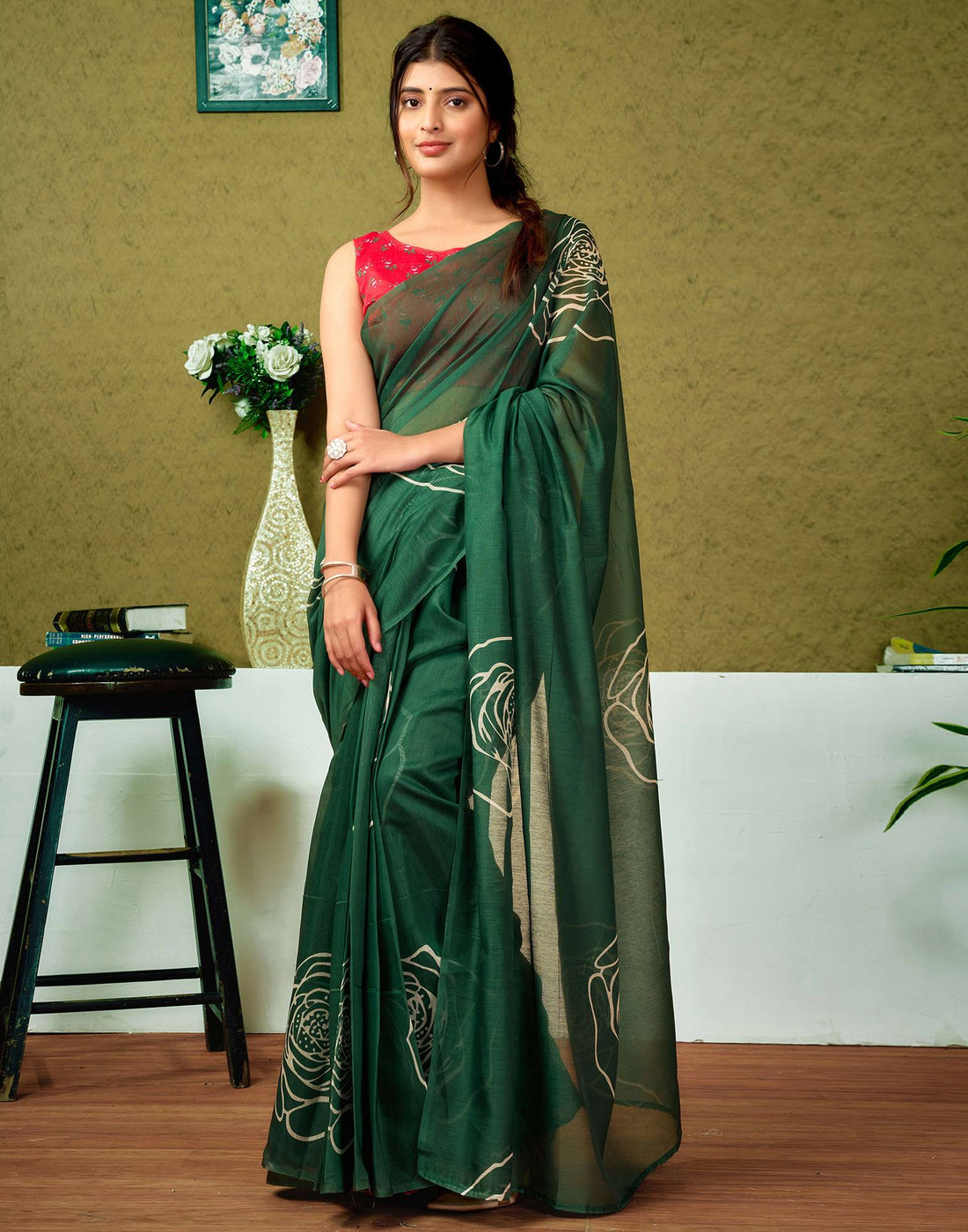 Ready To Wear Dark Green Printed Cotton Saree