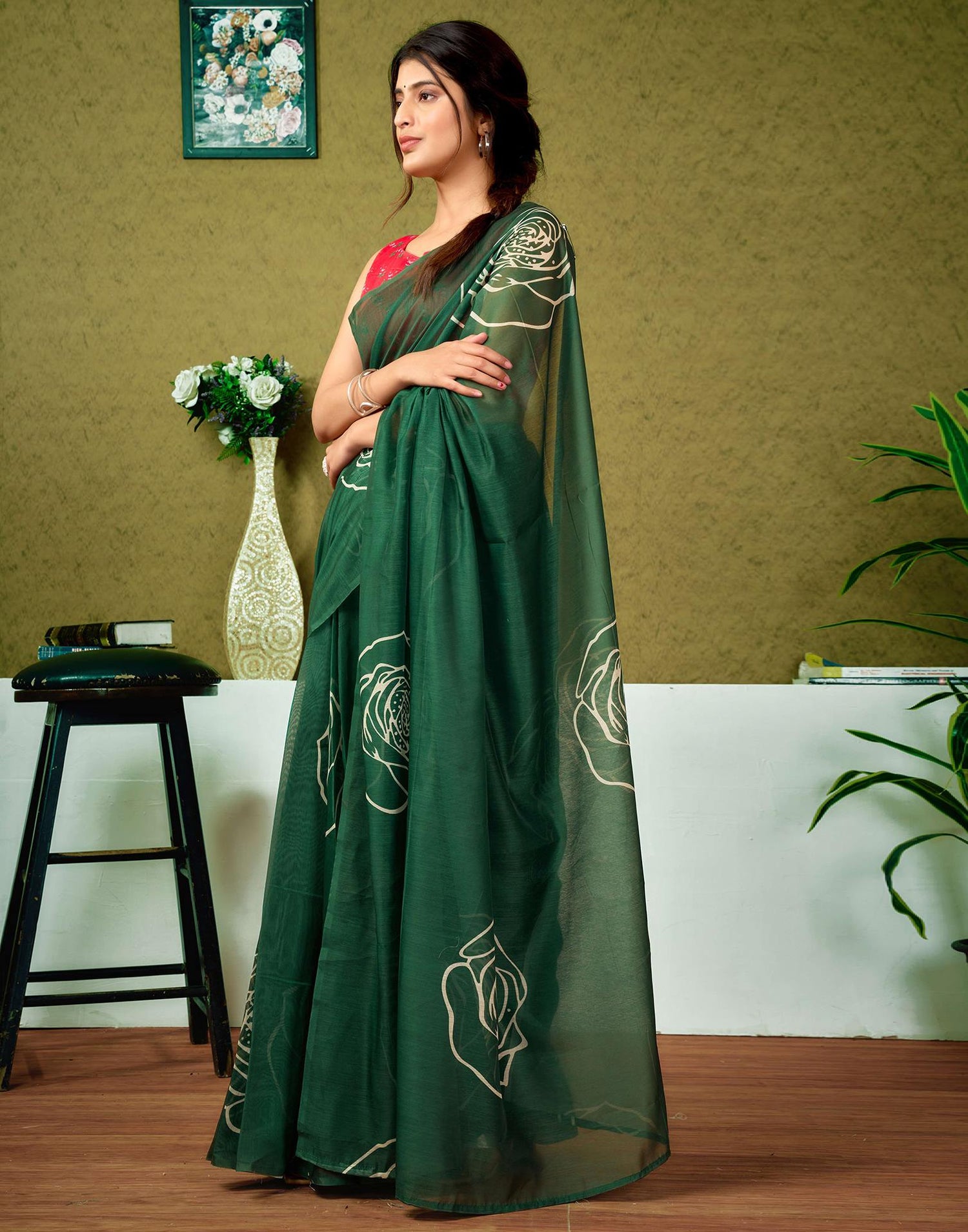 Ready To Wear Dark Green Printed Cotton Saree