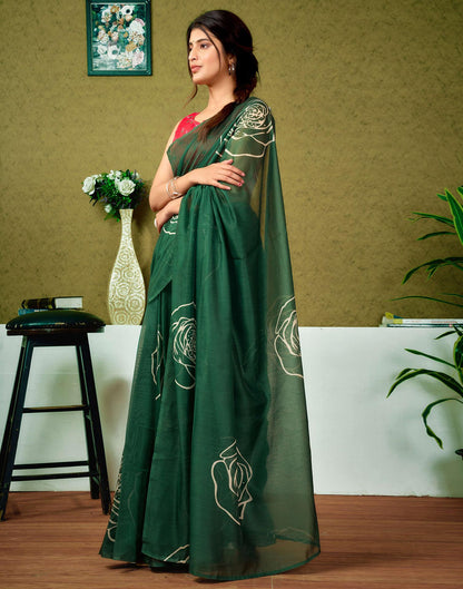 Ready To Wear Dark Green Printed Cotton Saree